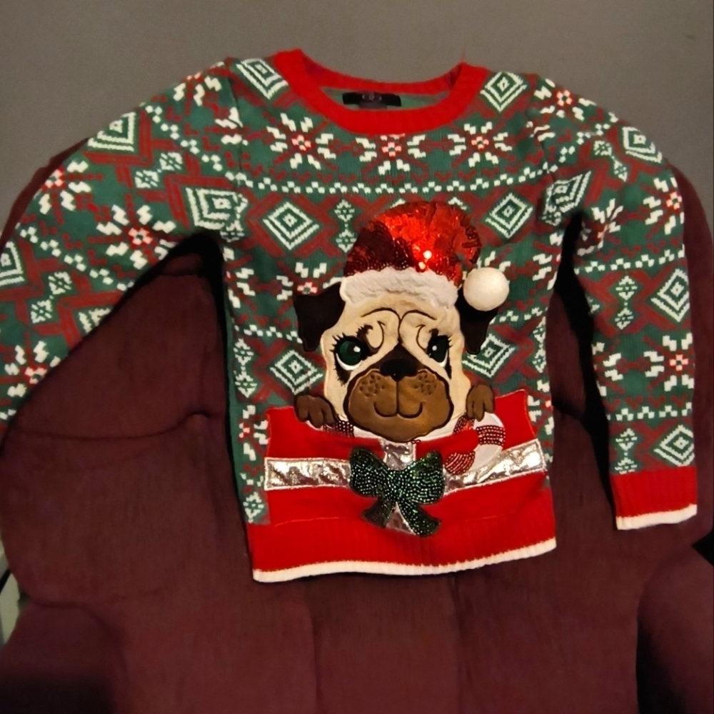 Red green white Christmas sweater with pug with Santa hat present kids size S